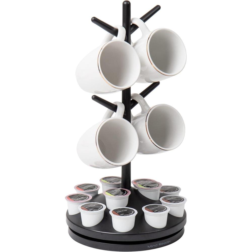 imageMind Reader Single Serve Coffee Pod Organizer ampamp Mug Tree 12 pod and 4 Mug Capacity Countertop 9quot L x 9quot W x 1775quot H BlackBlack