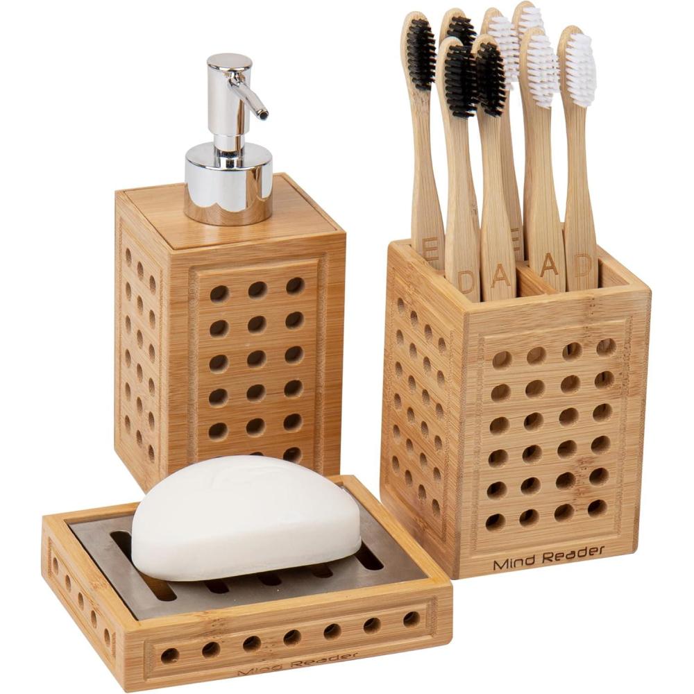 imageMind Reader Soap Dish Liquid Soap Dispenser Toothbrush Holder Rayon from Bamboo 275quot L x 275quot W x 675quot H 3 Pc Set BrownBathroom Set