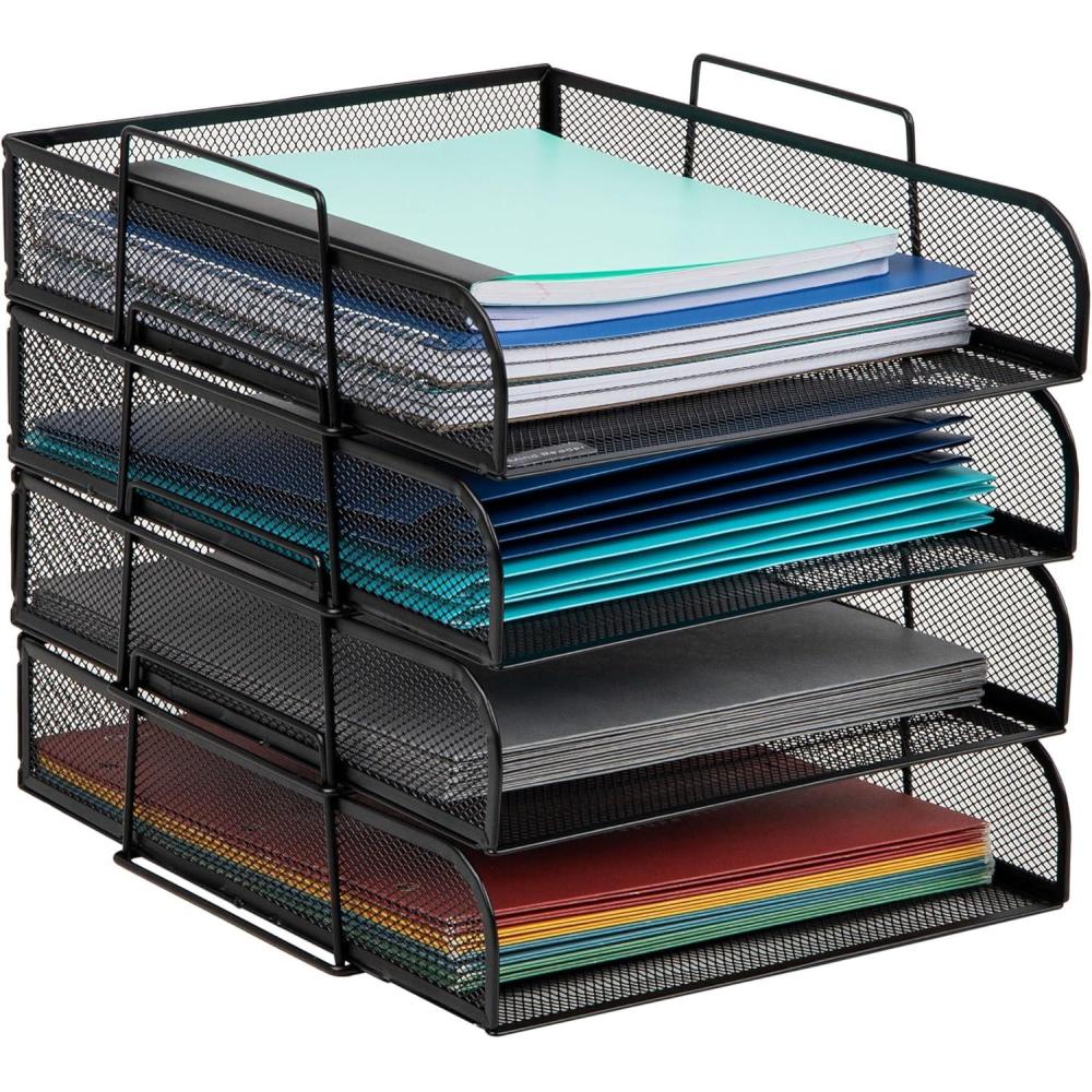 imageMind Reader Stackable Paper Tray Desktop Organizer File Storage Office Metal Mesh 105quot L x 135quot W x 1125quot H 4 Pcs SilverClassic Black