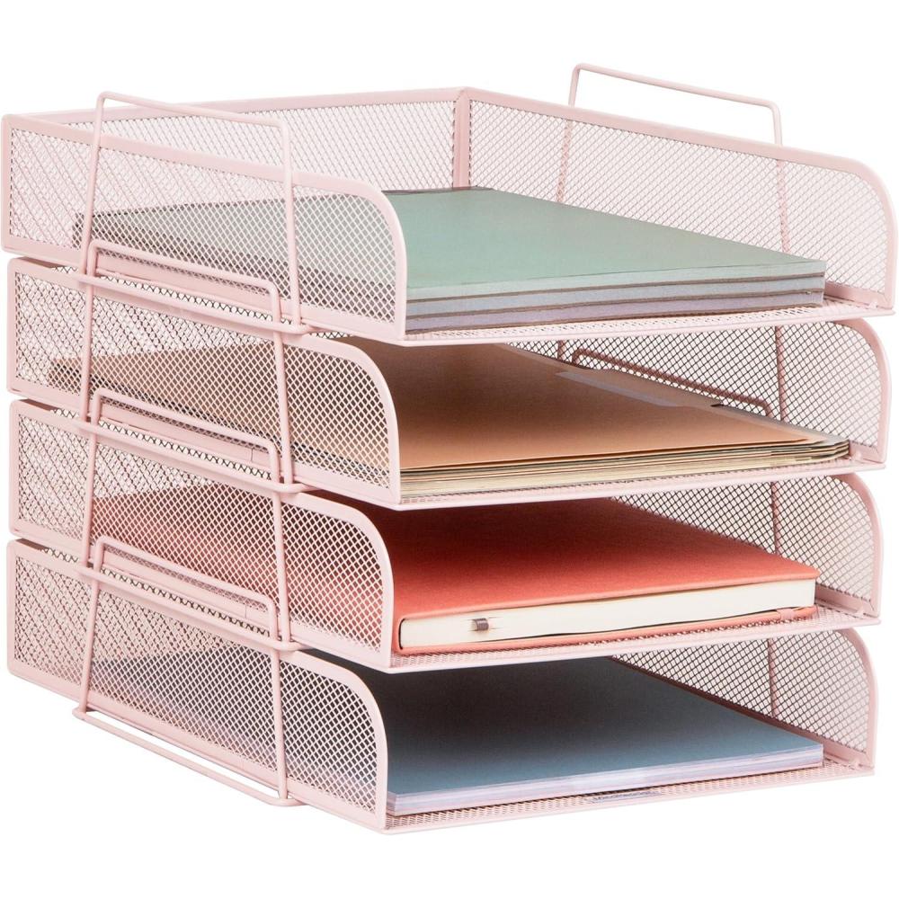 imageMind Reader Stackable Paper Tray Desktop Organizer File Storage Office Metal Mesh 105quot L x 135quot W x 1125quot H 4 Pcs SilverPink