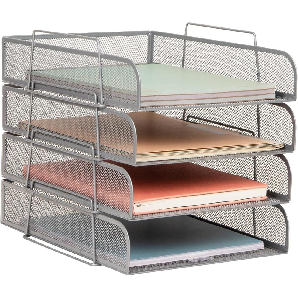 imageMind Reader Stackable Paper Tray Desktop Organizer File Storage Office Metal Mesh 105quot L x 135quot W x 1125quot H 4 Pcs SilverSilver