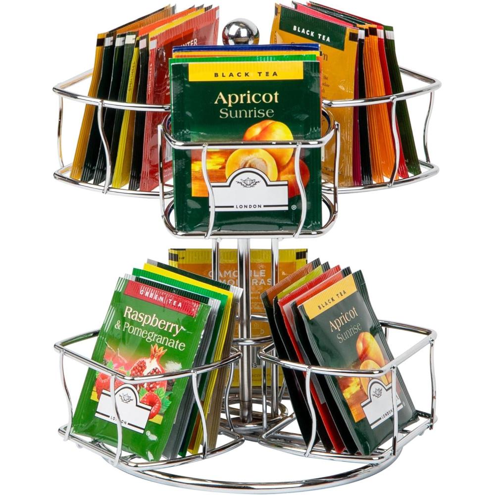 imageMind Reader Tea Bag Carousel Tea Station Organizer Countertop Storage Kitchen Metal 7quot L x 7quot W x 825quot H Silver