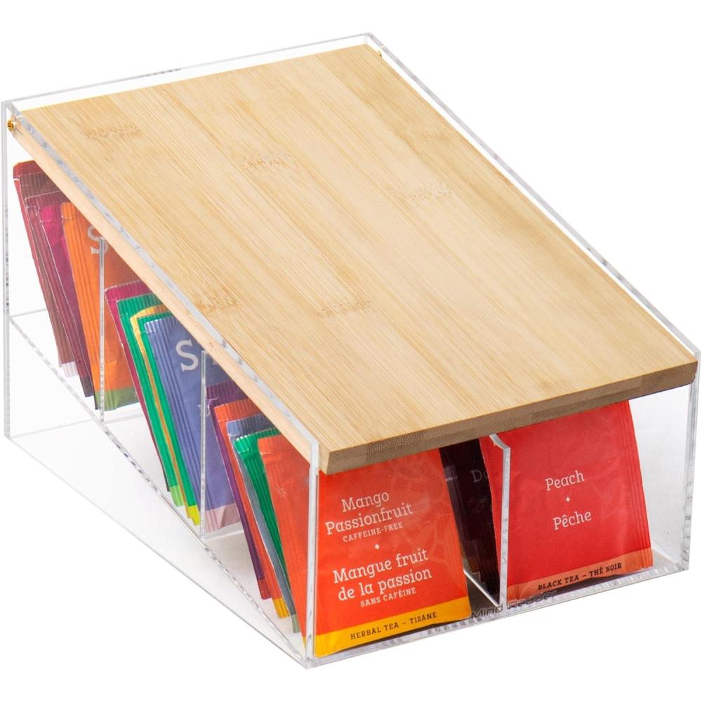 imageMind Reader Tea Bag Organizer Tea Station Countertop Storage Acrylic 625quot L x 9quot W x 55quot H BrownTea Bag Caddy
