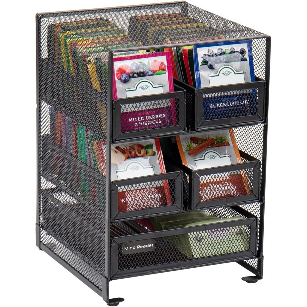 imageMind Reader Tea Bag Organizer Tea Station Organizer Countertop Storage Kitchen Metal Mesh 7quot L x 675quot W x 10quot H Black5 Compartment