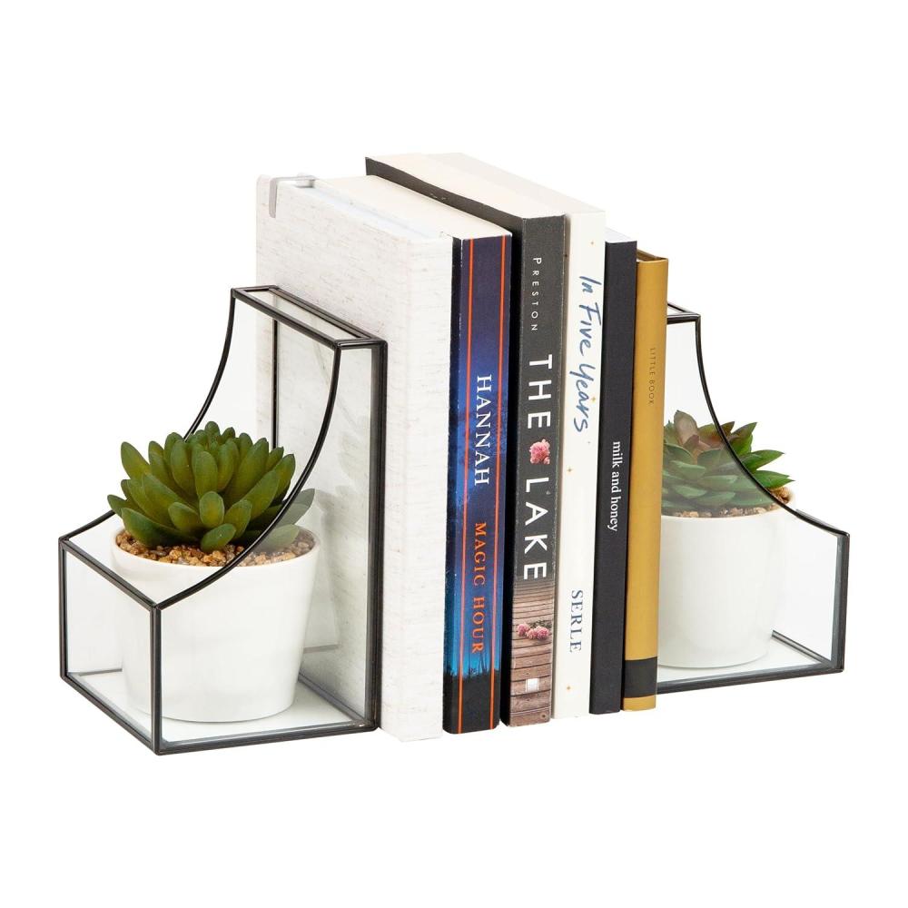 imageMind Reader Terrarium Bookends Decorative Book Holders with Storage Modern Organizer for Desk or Shelf Glass Metal Set of 2 BlackBlack