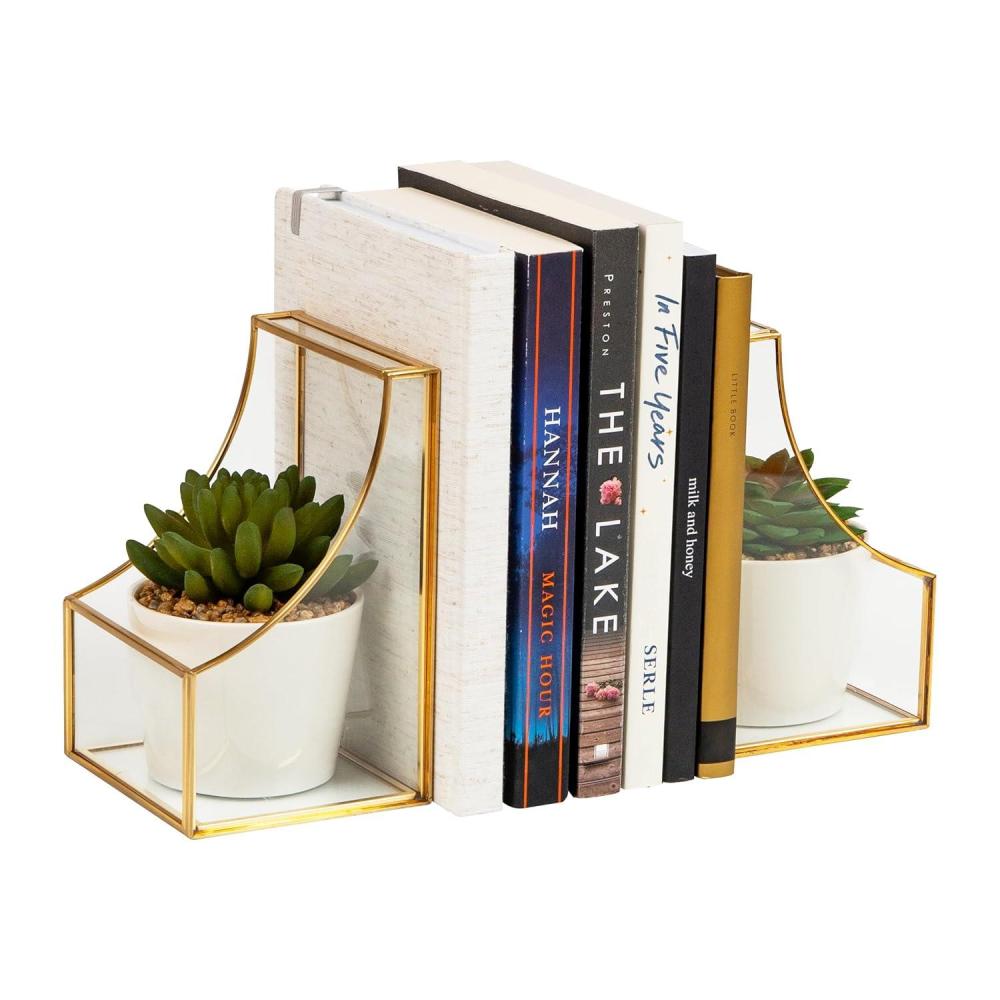 imageMind Reader Terrarium Bookends Decorative Book Holders with Storage Modern Organizer for Desk or Shelf Glass Metal Set of 2 BlackGold
