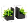 Mind Reader Contemporary Planter Bookends, Book Holders with Faux Greenery, Decorative Desktop or Shelf Organizer, Cement, Set of 2, Black