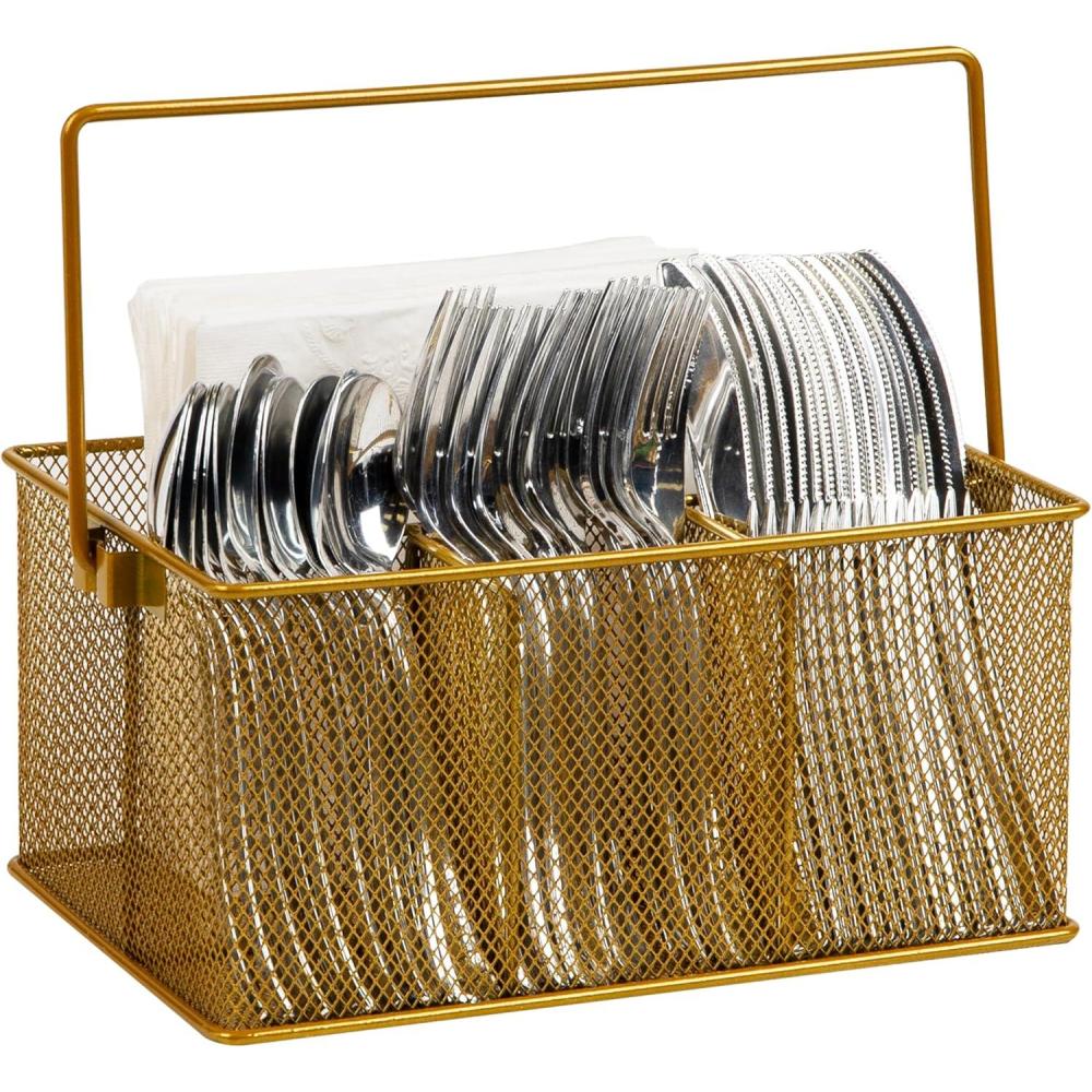 imageMind Reader Utensil Holder Silverware Organizer Caddy Cutlery Holder Kitchen Metal Mesh 10quotL x 7quotW x 475quotH Gold