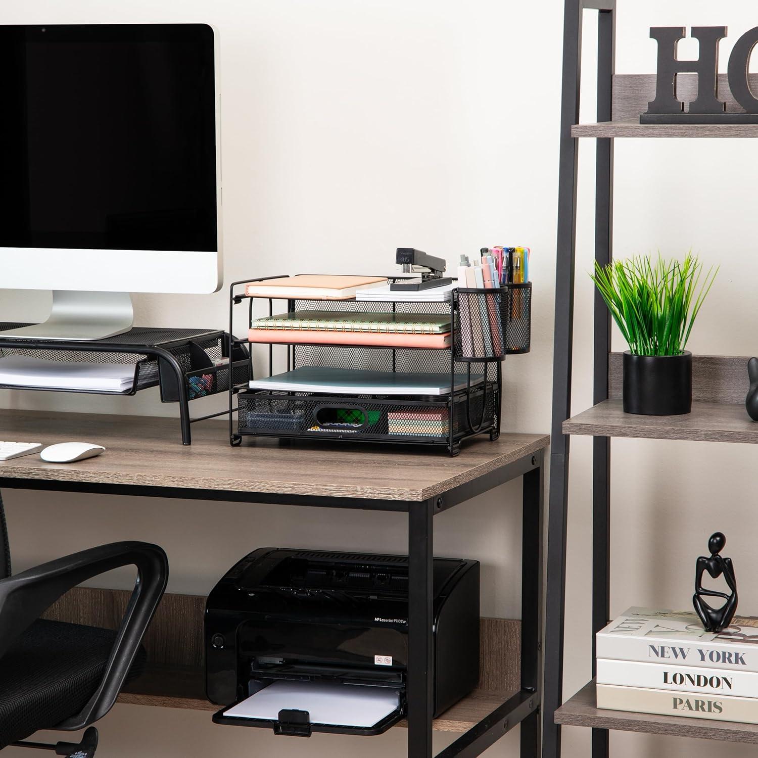 imageMind Reader Mesh Desk Organizer 3 Trays 1 Drawer 2 Pen Holders Office Desktop Organizer Metal Mesh Black