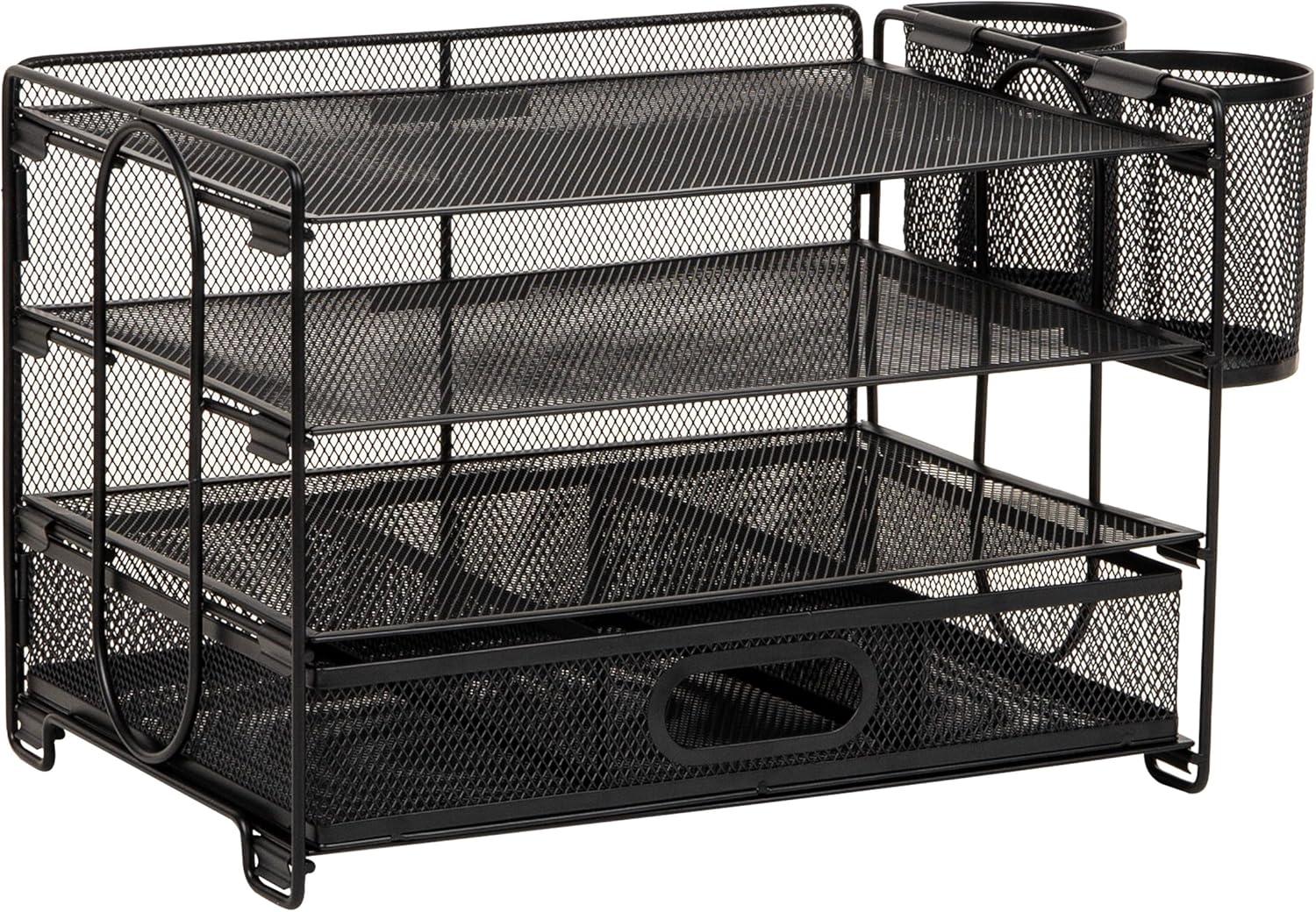imageMind Reader Mesh Desk Organizer 3 Trays 1 Drawer 2 Pen Holders Office Desktop Organizer Metal Mesh Black