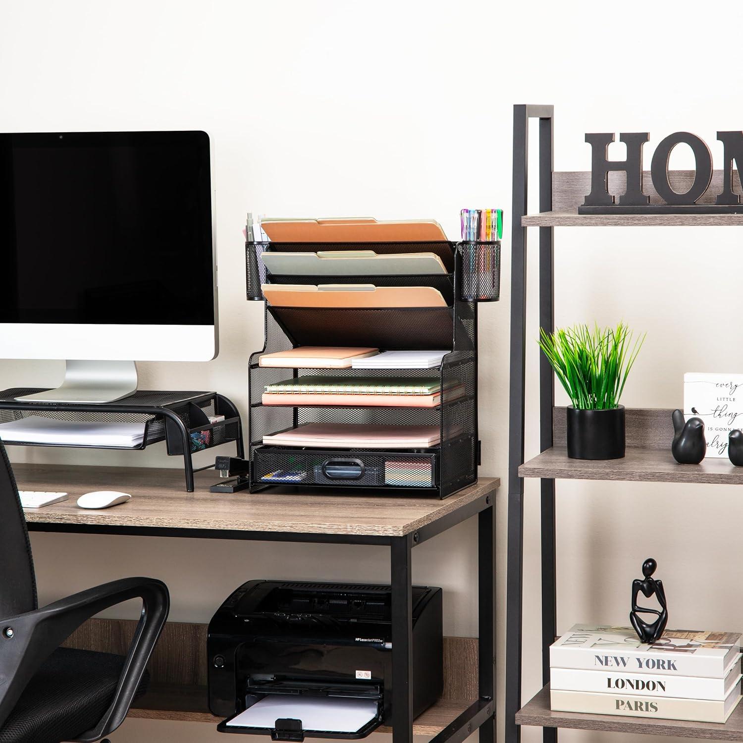 imageMind Reader Mesh Desk Organizer 6 Compartments 1 Drawer 2 Pen Cups Office Desktop Organizer Metal Mesh Black