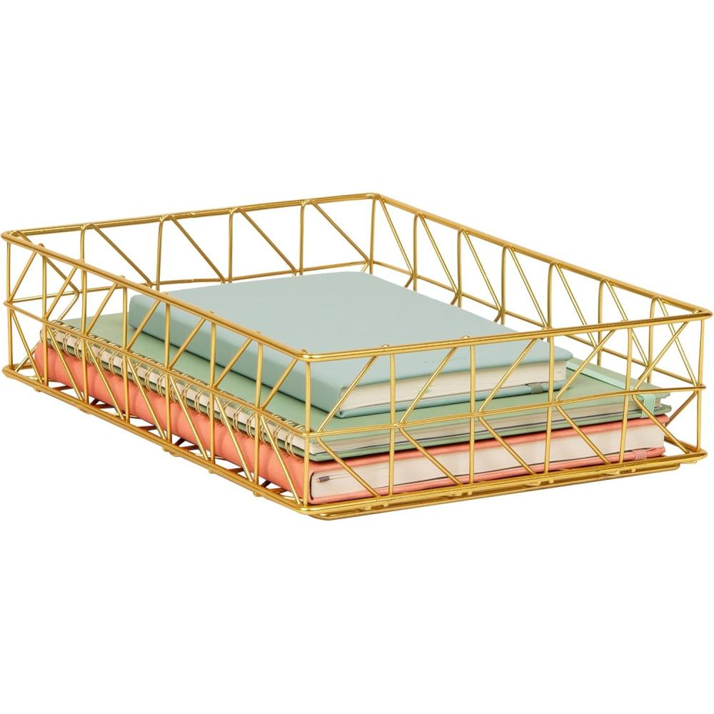 imageMind Reader Gold Geometric Paper Tray Modern Organizer for Documents Folders and Office Supplies Durable and Stylish Metal 10quot L x 1225quot W x 2quot H Gold95 x 128 x 33