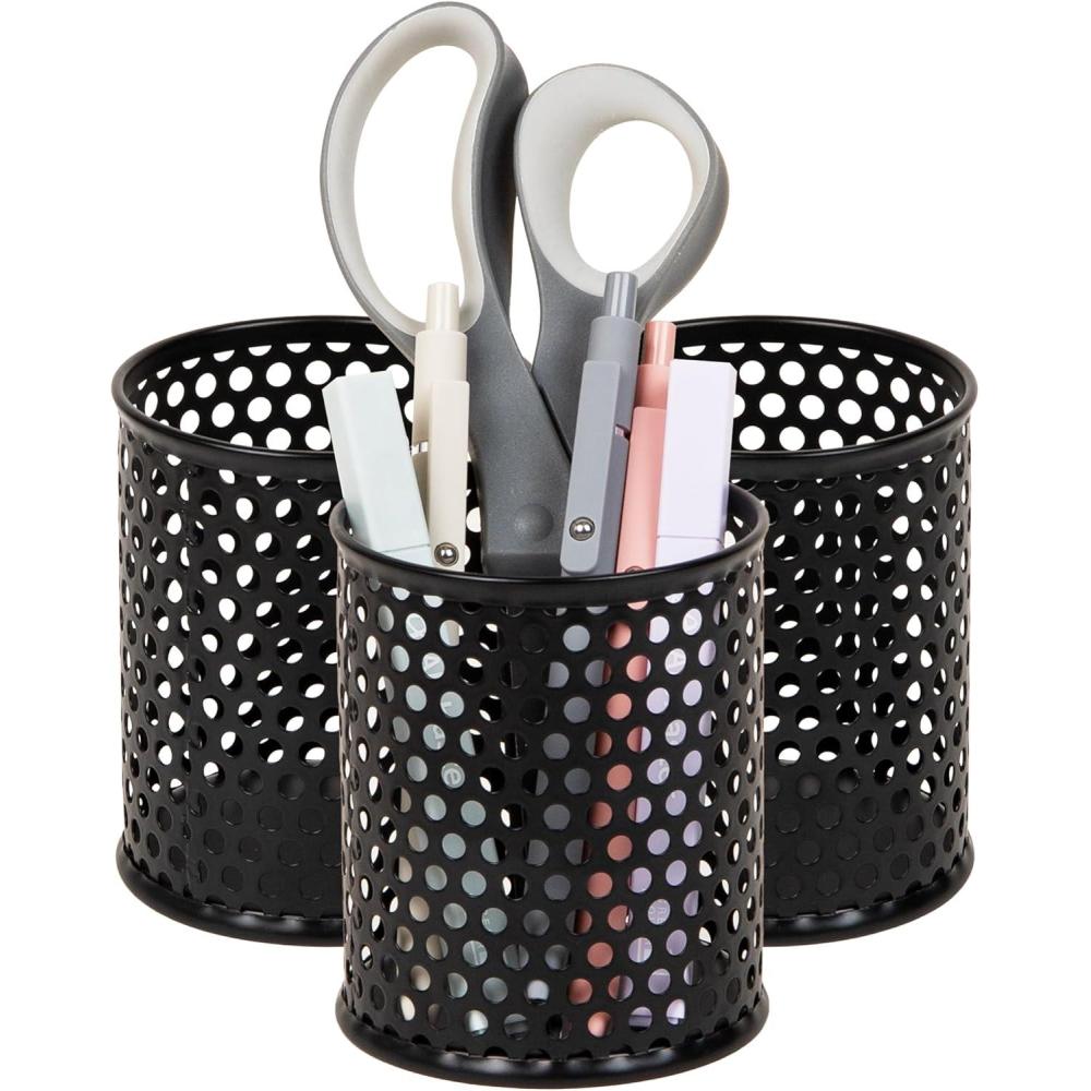 imageMind Reader Metal Pen Cups Mesh Pencil Holders Desktop Organizer Set Metal Set of 3 Black