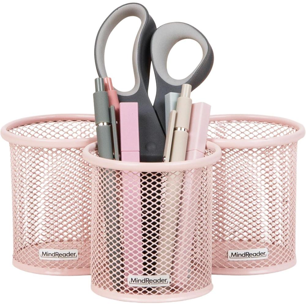 imageMind Reader Pen and Accessories Holder Desktop Organizer Office Metal  3quot L x 3quot W x 4quot H Set of 3 GoldPink