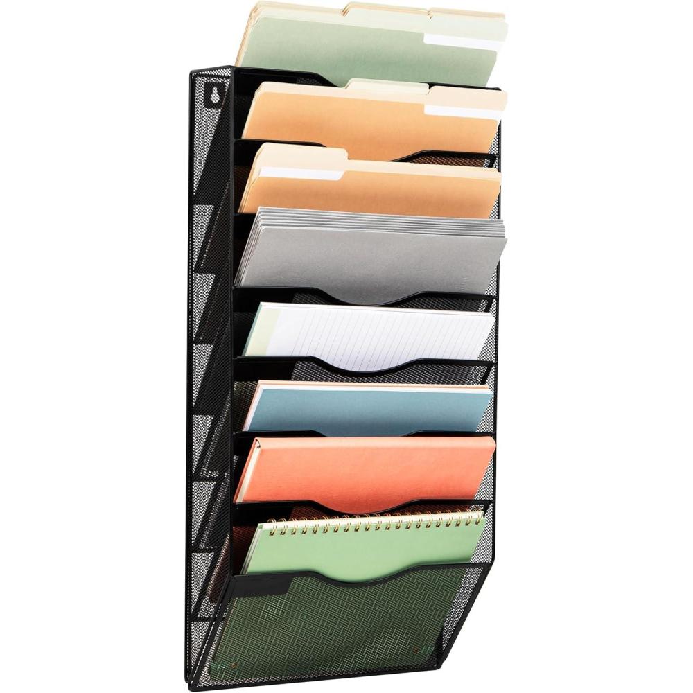 imageMind Reader Wall File Organizer 8 Pocket Hanging Document Rack Office Wall Mount Metal Mesh Black