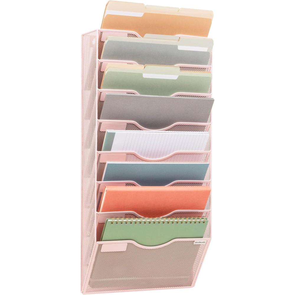 imageMind Reader Wall File Organizer 8 Pocket Hanging Document Rack Office Wall Mount Metal Mesh Pink