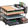 Mind Reader Mesh Desk Organizer, 3 Trays, 1 Drawer, 2 Pen Holders, Office Desktop Organizer, Metal Mesh, Black