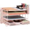 Mind Reader Mesh Desk Organizer, 3 Trays, 1 Drawer, 2 Pen Holders, Office Desktop Organizer, Metal Mesh, Pink