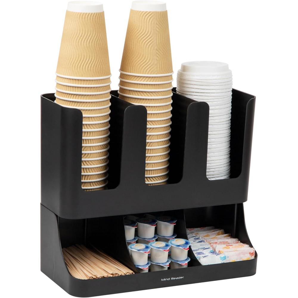 imageMind Reader 6 Compartment Upright Breakroom Coffee Condiment and Cup Storage Organizer BlackClassic Black