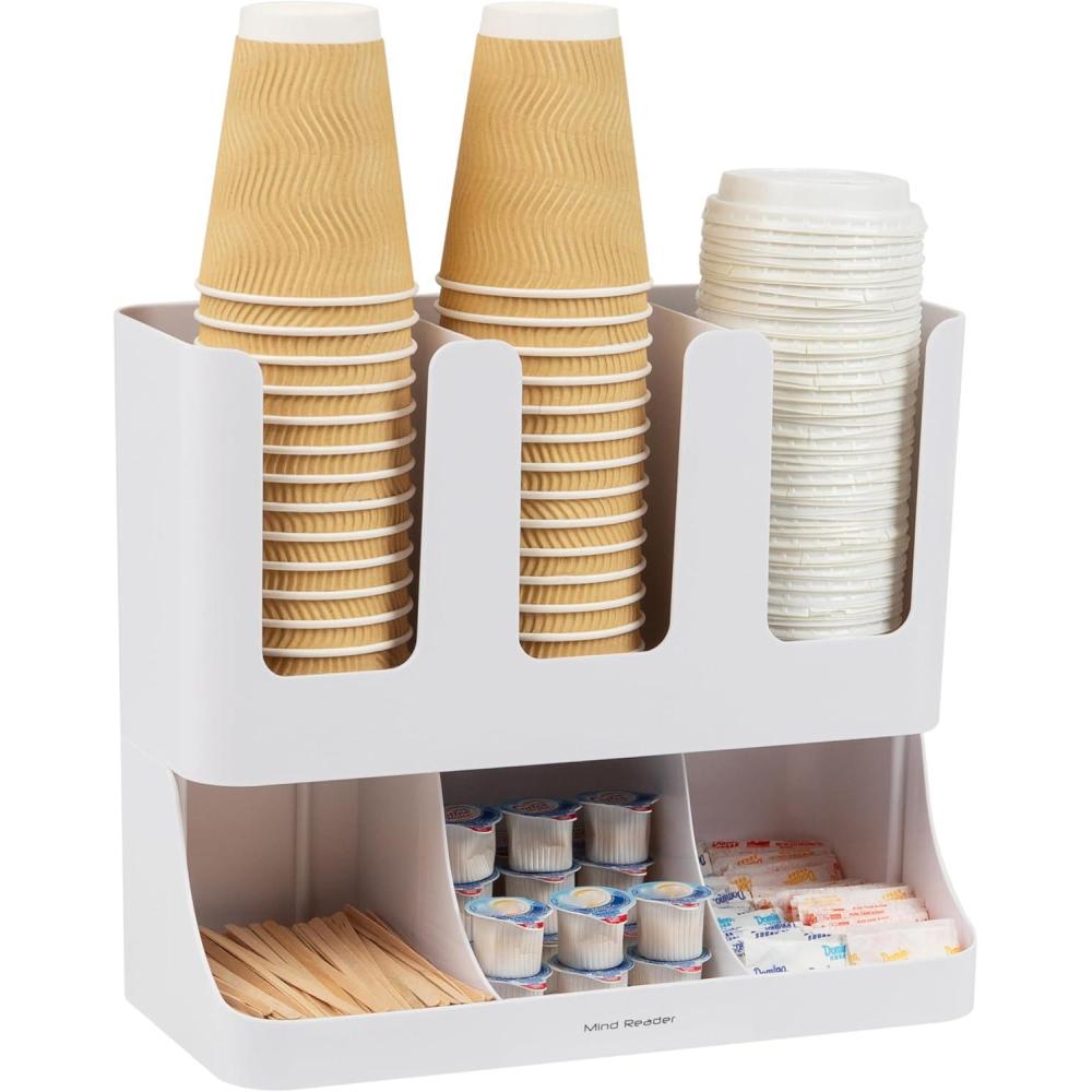 imageMind Reader 6 Compartment Upright Breakroom Coffee Condiment and Cup Storage Organizer BlackWhite