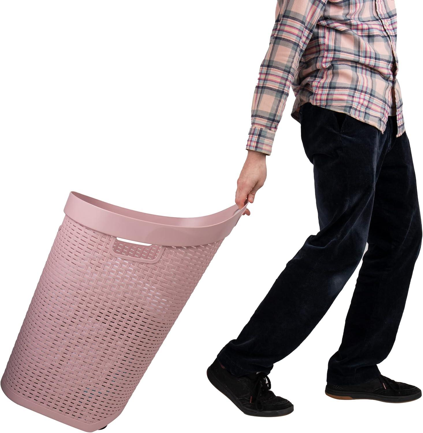 imageMind Reader 60L Rolling Laundry Hamper Clothes Basket Wheels Wicker Style Plastic 195quotL x 1475quotW x 2925quotH IvoryPink