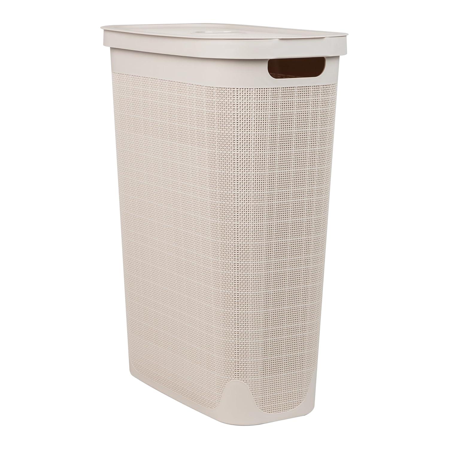 imageMind Reader Slim Laundry Hamper with Lid 40L Clothes Basket Linen Design Plastic IvoryIvory