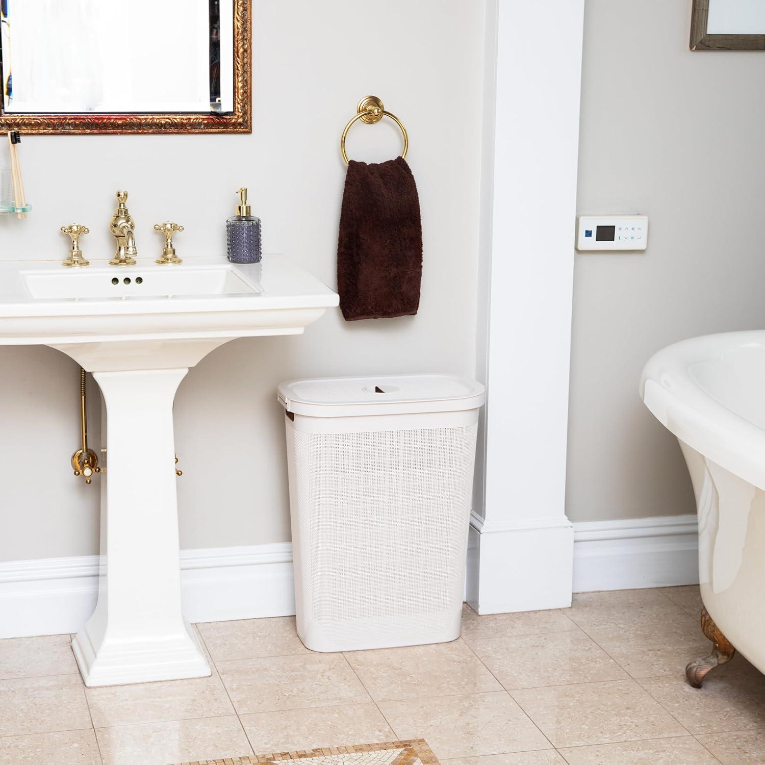 imageMind Reader Slim Laundry Hamper with Lid 40L Clothes Basket Linen Design Plastic IvoryWhite