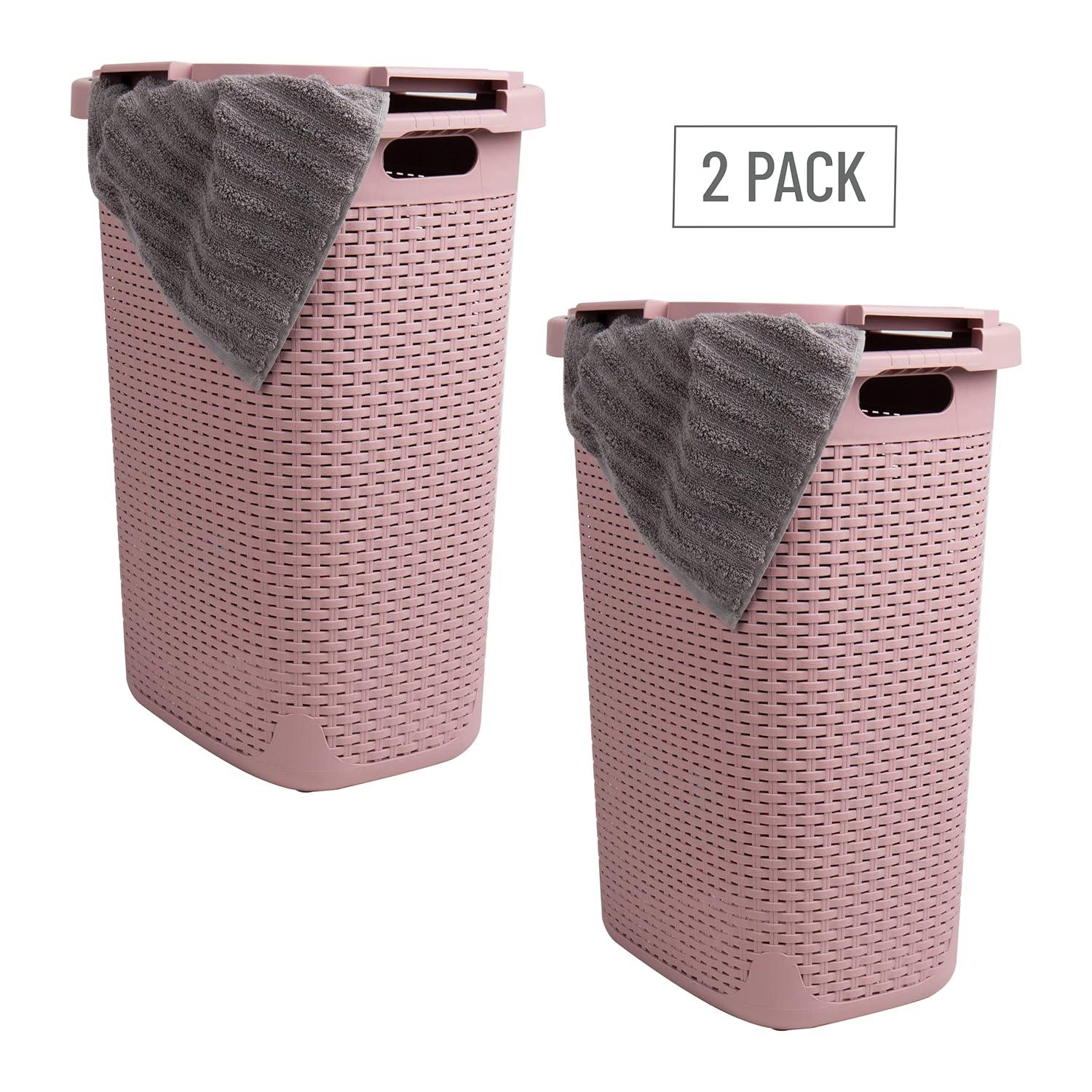 imageMind Reader Slim Laundry Hamper with Lid 60L Clothes Baskets Premium Wicker Design Plastic 2Pack WhitePink