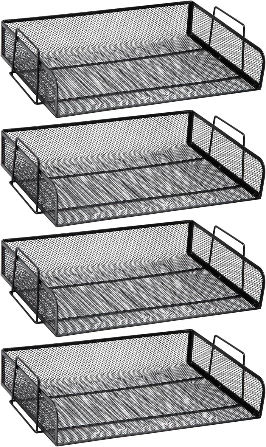 imageMind Reader Stackable Paper Tray Desktop Organizer File Storage Office Metal Mesh 4 Pcs SilverBlack