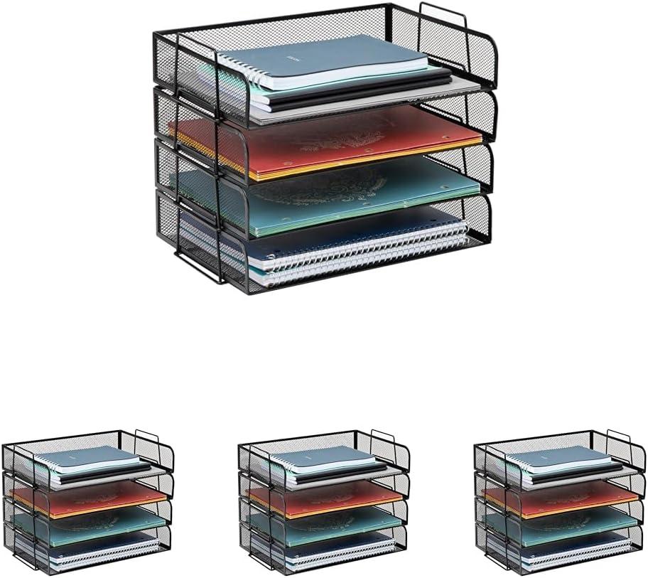 imageMind Reader Stackable Paper Tray Desktop Organizer File Storage Office Metal Mesh 4 Pcs SilverBlack