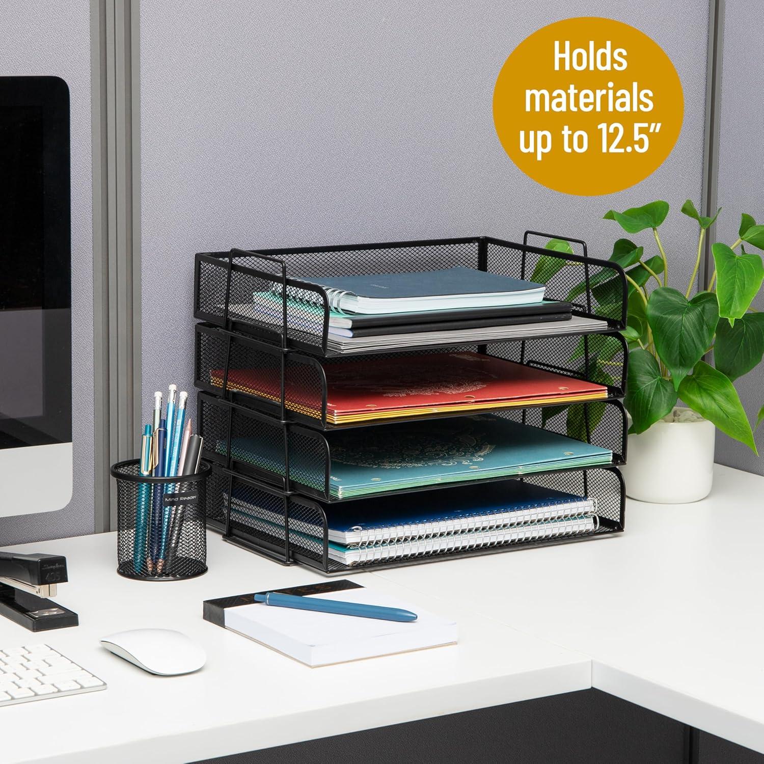 imageMind Reader Stackable Paper Tray Desktop Organizer File Storage Office Metal Mesh 4 Pcs SilverBlack