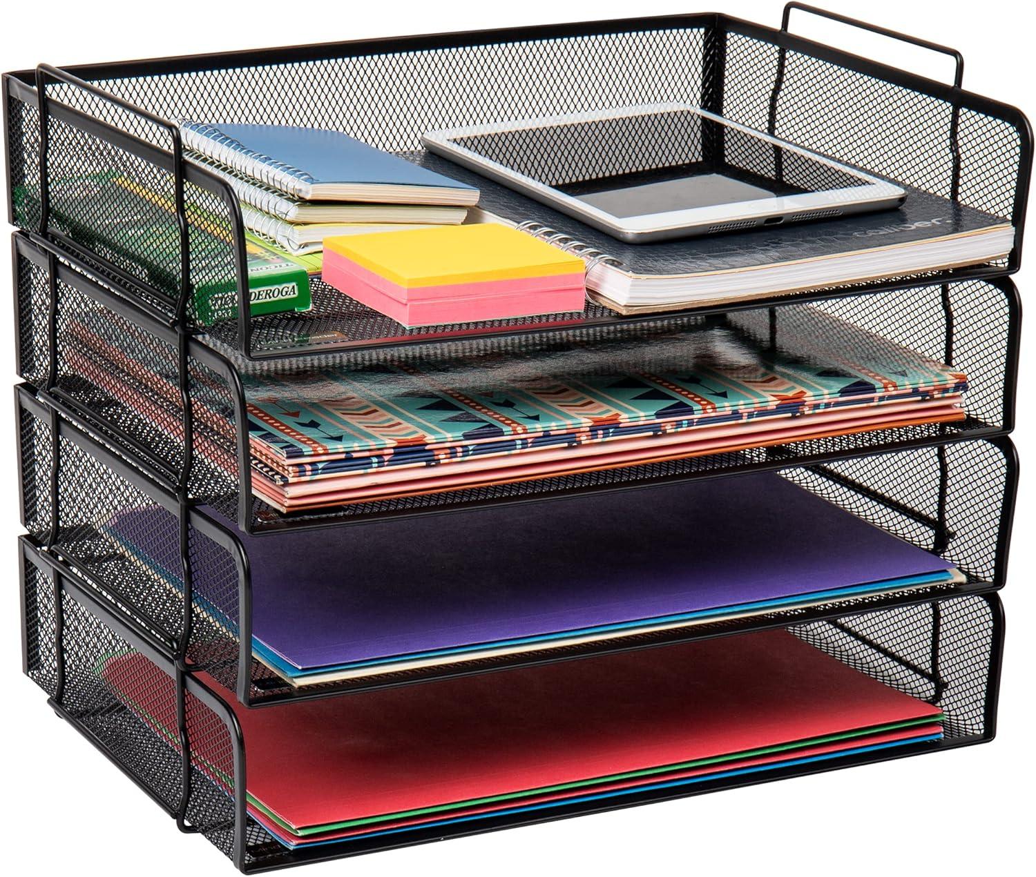 imageMind Reader Stackable Paper Tray Desktop Organizer File Storage Office Metal Mesh 4 Pcs SilverBlack