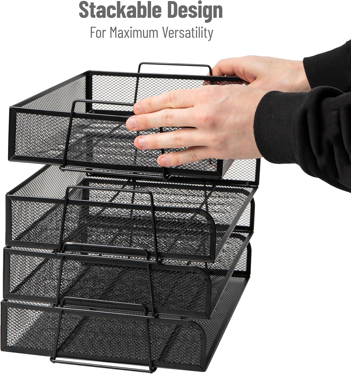 imageMind Reader Stackable Paper Tray Desktop Organizer File Storage Office Metal Mesh 4 Pcs SilverBlack
