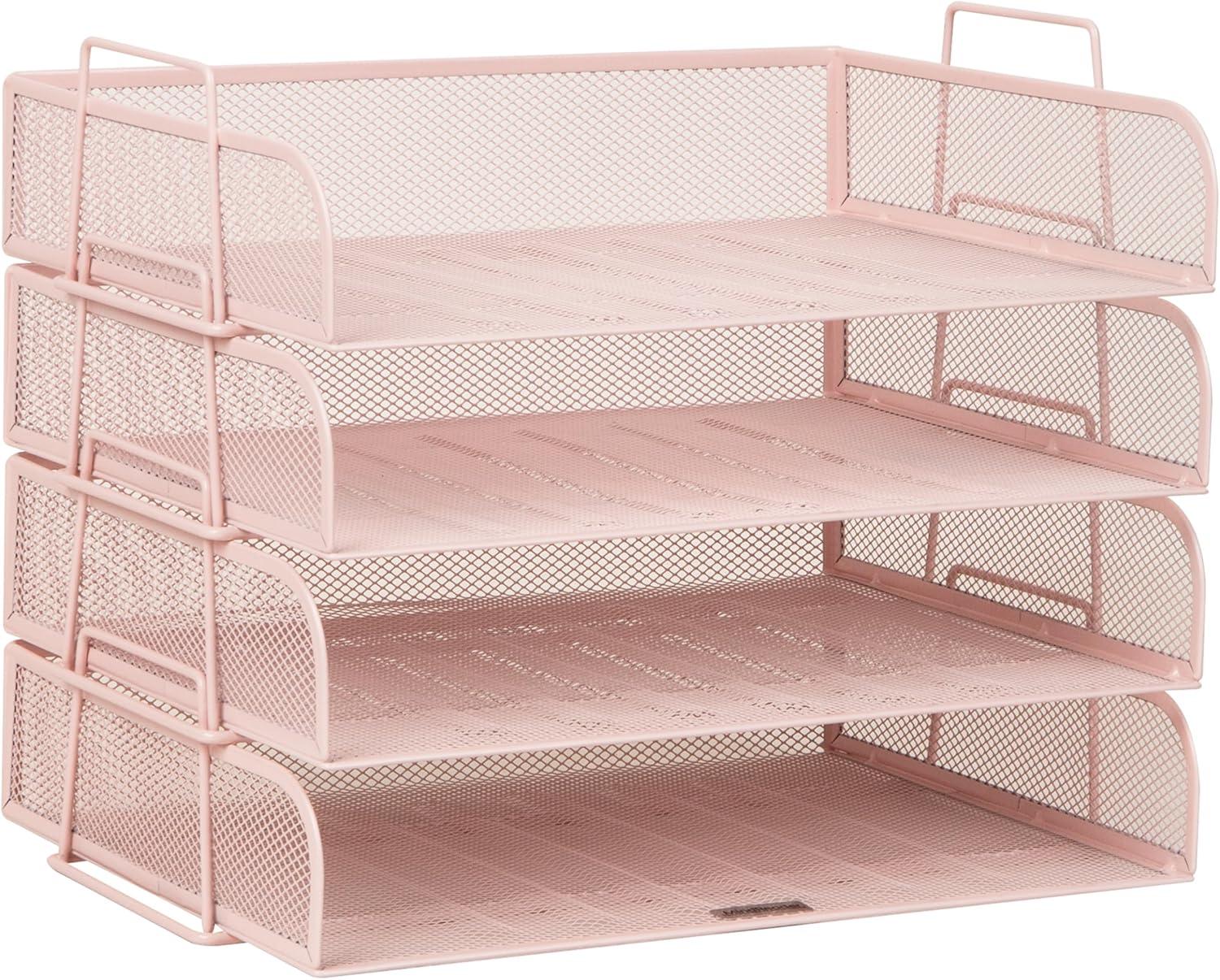 imageMind Reader Stackable Paper Tray Desktop Organizer File Storage Office Metal Mesh 4 Pcs SilverPink