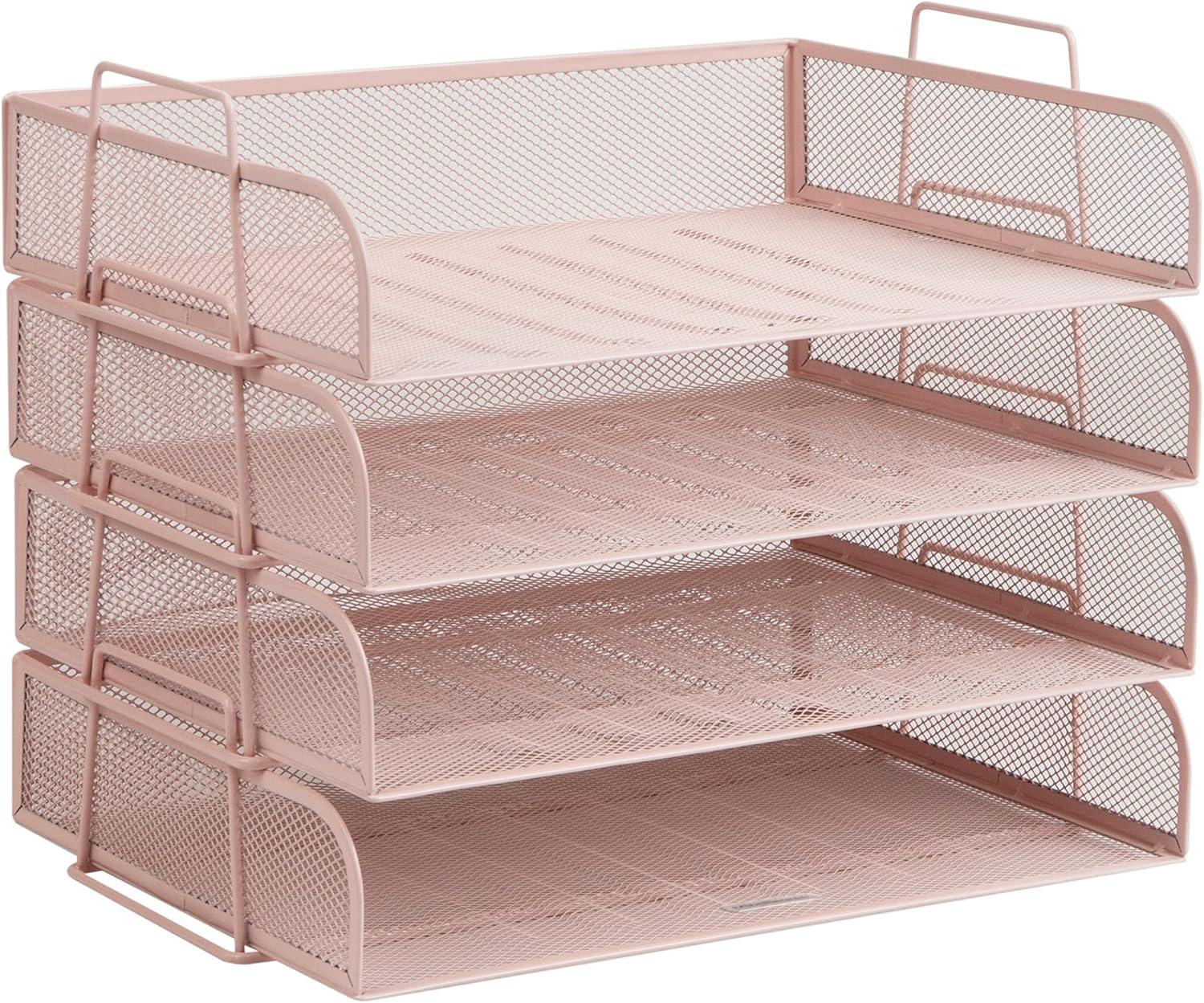 imageMind Reader Stackable Paper Tray Desktop Organizer File Storage Office Metal Mesh 4 Pcs SilverPink