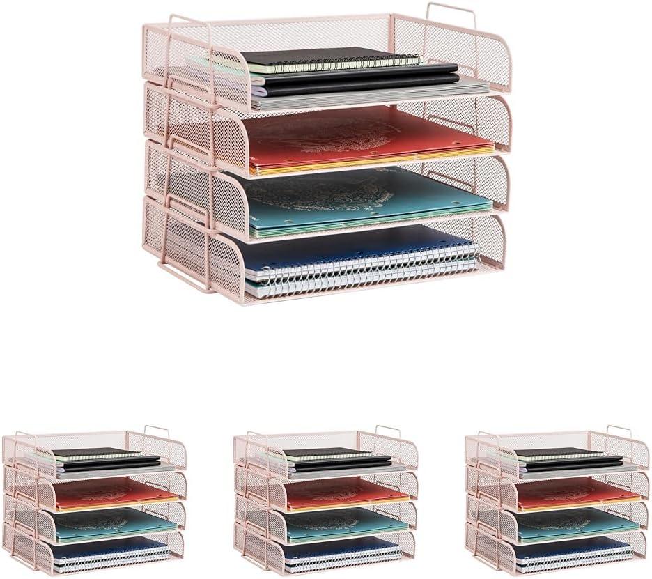 imageMind Reader Stackable Paper Tray Desktop Organizer File Storage Office Metal Mesh 4 Pcs SilverPink