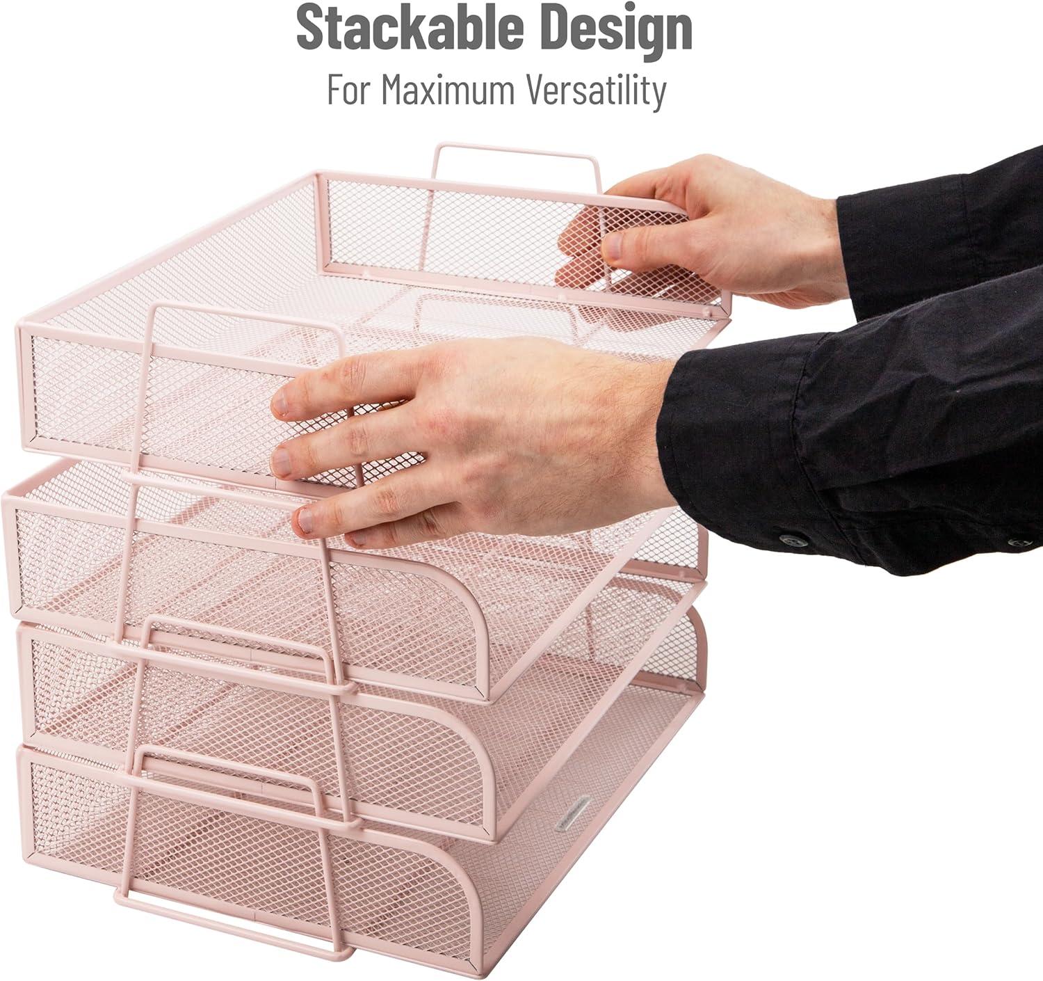 imageMind Reader Stackable Paper Tray Desktop Organizer File Storage Office Metal Mesh 4 Pcs SilverPink