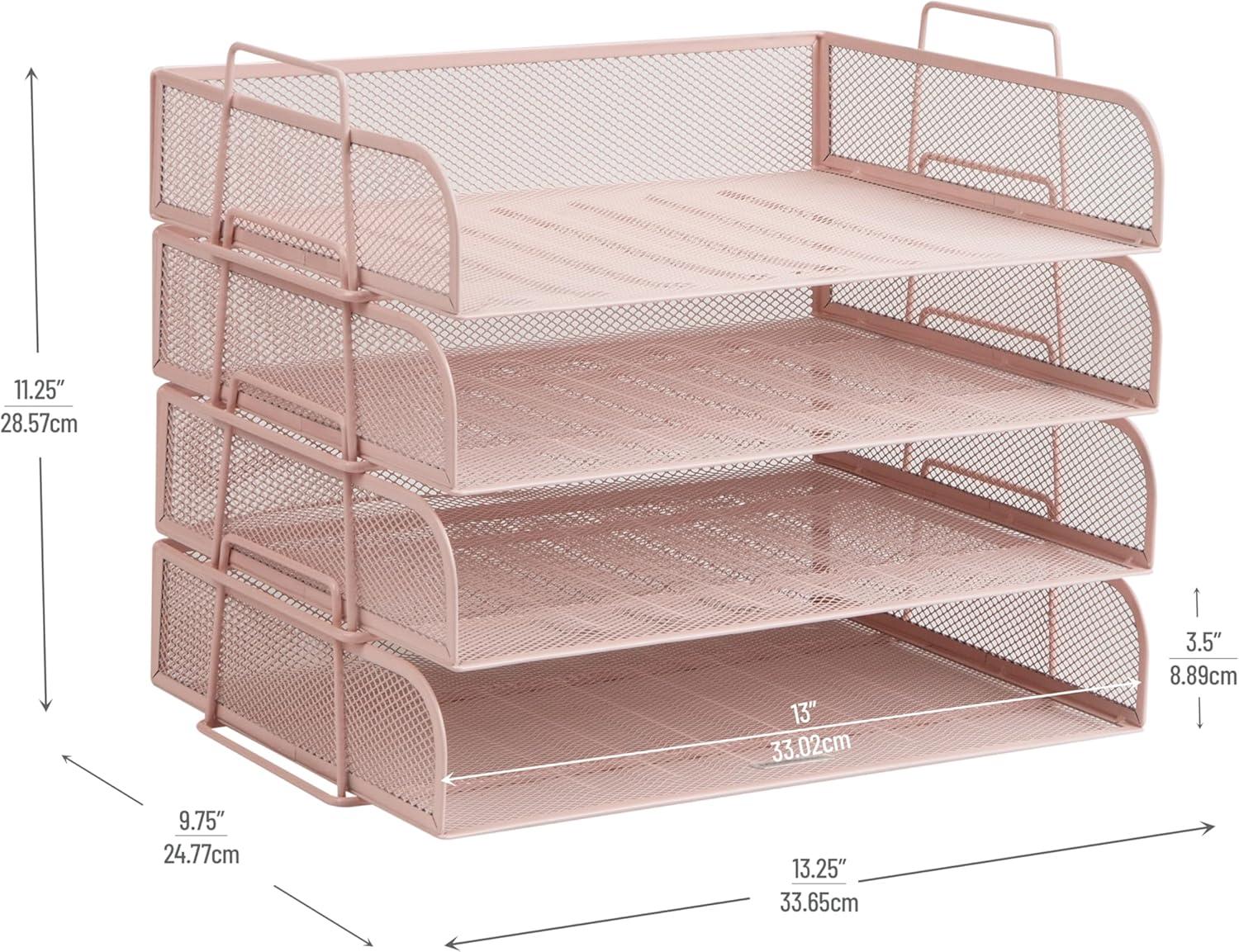 imageMind Reader Stackable Paper Tray Desktop Organizer File Storage Office Metal Mesh 4 Pcs SilverPink