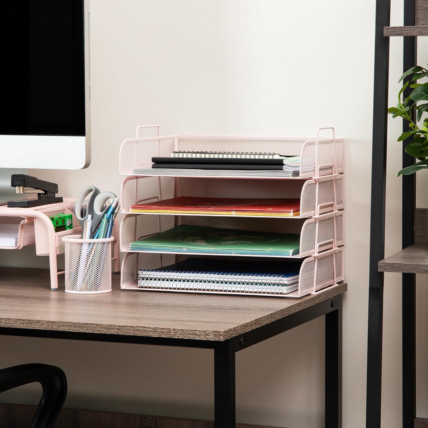 imageMind Reader Stackable Paper Tray Desktop Organizer File Storage Office Metal Mesh 4 Pcs SilverPink