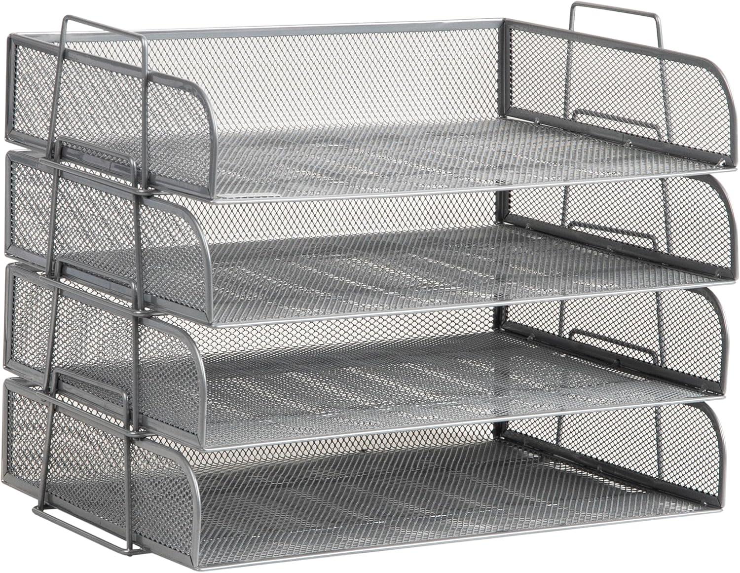 imageMind Reader Stackable Paper Tray Desktop Organizer File Storage Office Metal Mesh 4 Pcs SilverSilver