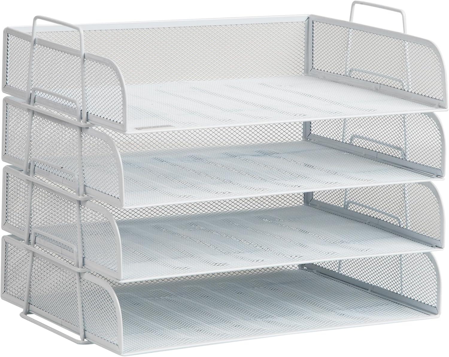 imageMind Reader Stackable Paper Tray Desktop Organizer File Storage Office Metal Mesh 4 Pcs SilverWhite