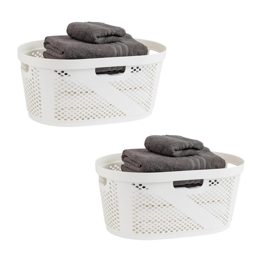 imageMind Reader 40L Laundry Basket Clothes Hamper Premium Wicker Design Plastic Set of 2 IvoryWhite