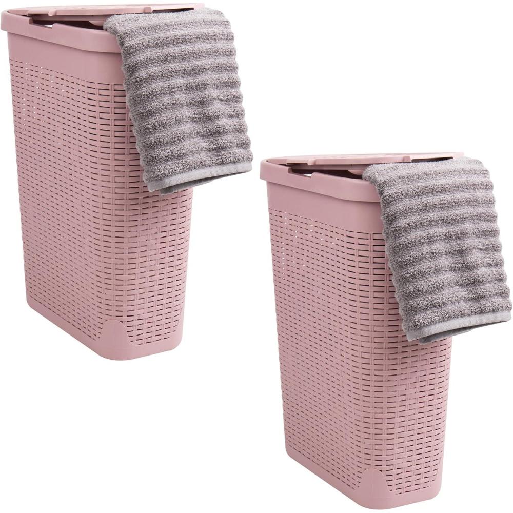 imageMind Reader 40L Slim Laundry Hamper Clothes Basket Lid Wicker Design Plastic 18quotL x 104quotW x 235quotH Set of 2 Pink