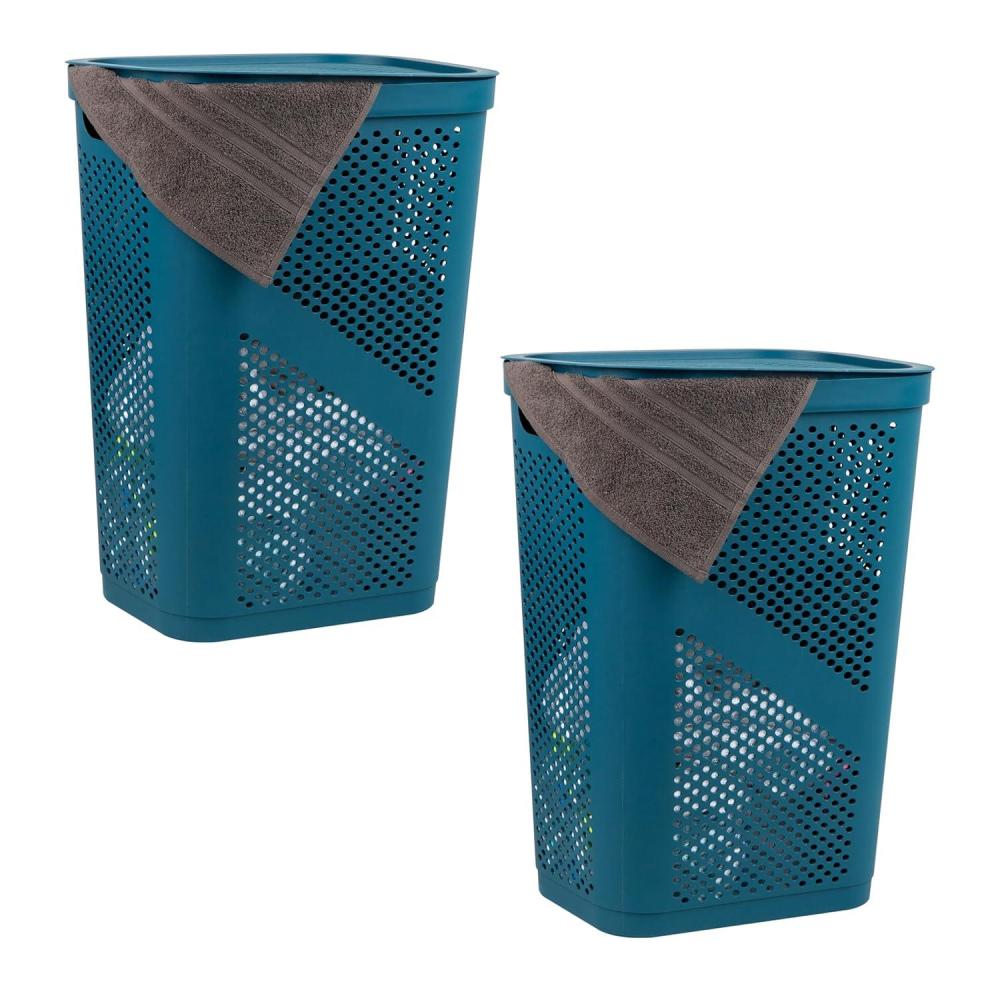 imageMind Reader 60L Slim Laundry Hamper Clothes Basket Lid Ventilated Plastic Set of 2 GrayBlue