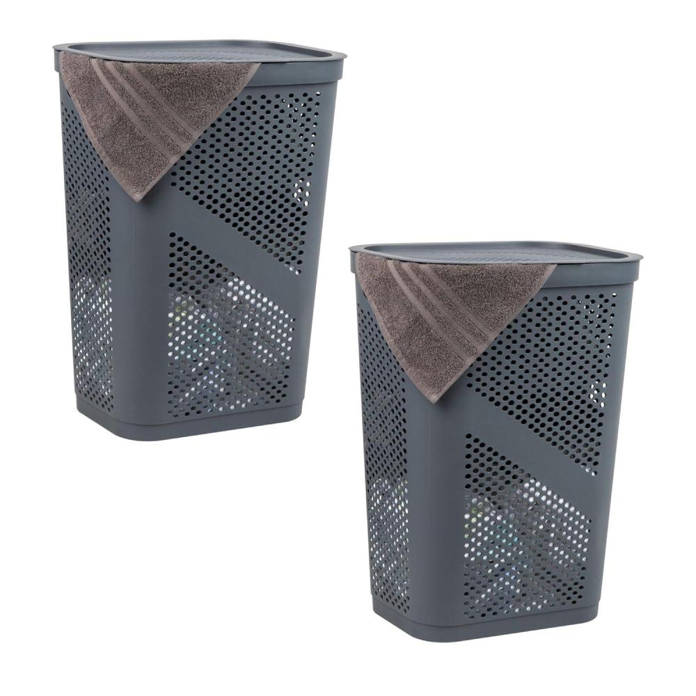 imageMind Reader 60L Slim Laundry Hamper Clothes Basket Lid Ventilated Plastic Set of 2 GrayGray