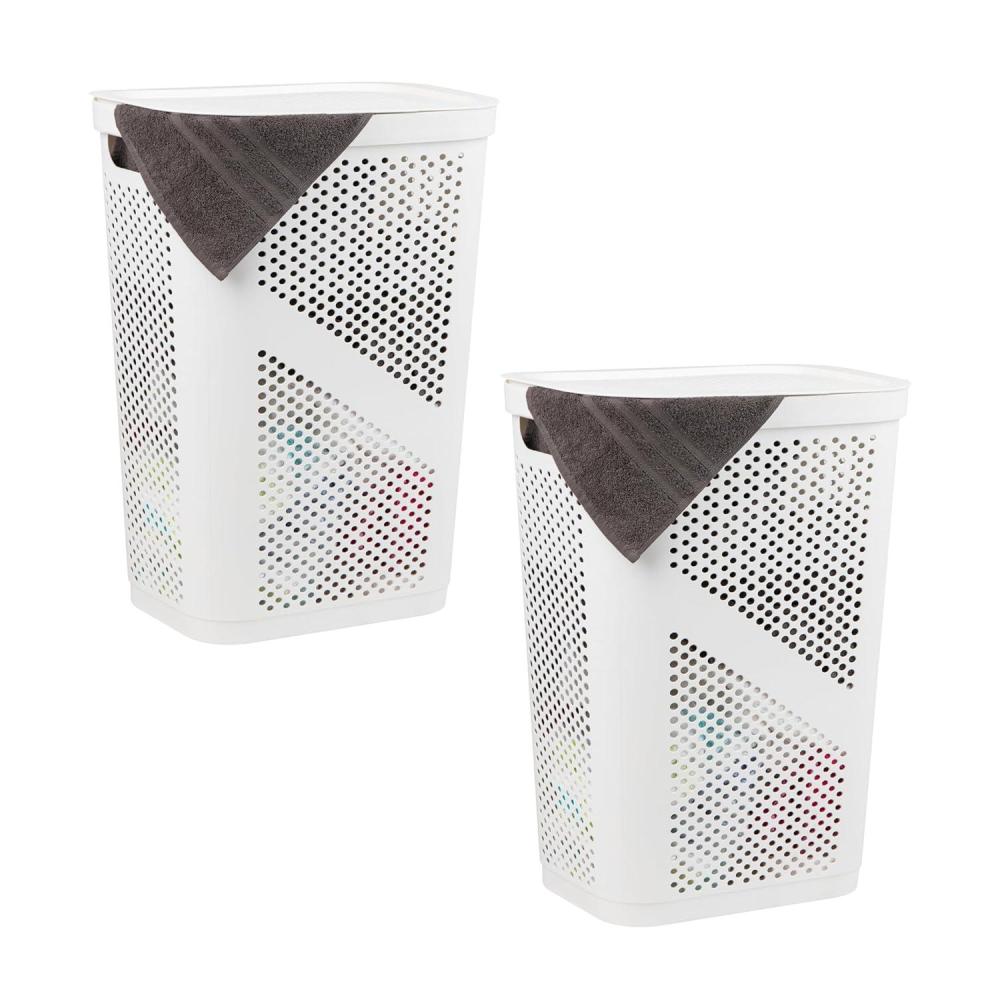 imageMind Reader 60L Slim Laundry Hamper Clothes Basket Lid Ventilated Plastic Set of 2 GrayWhite