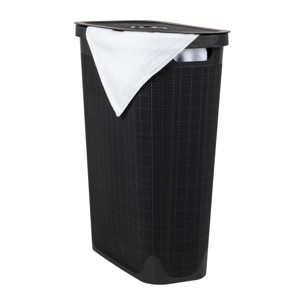 imageMind Reader Slim Laundry Hamper with Lid 40L Clothes Basket Linen Design Plastic IvoryBlack