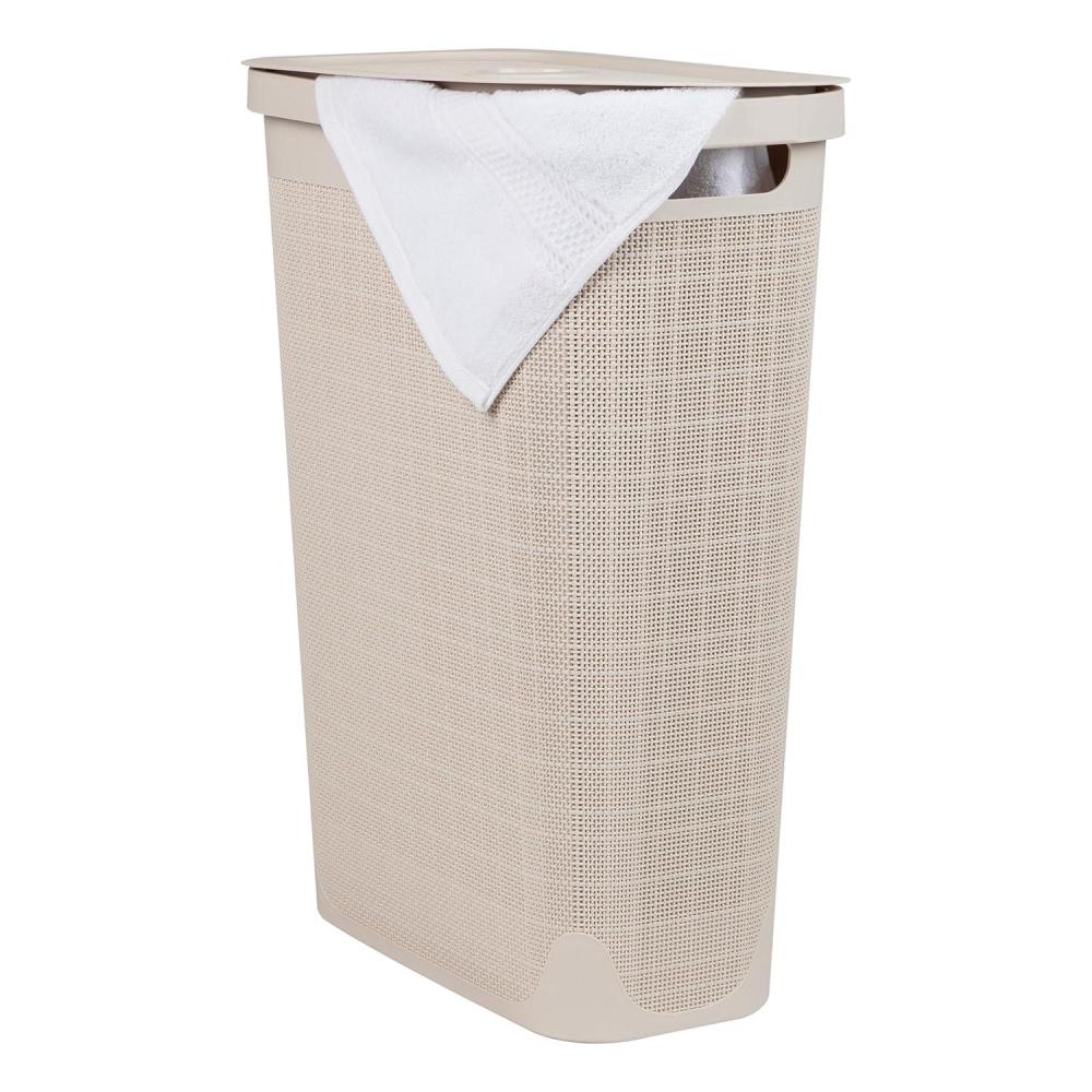 imageMind Reader Slim Laundry Hamper with Lid 40L Clothes Basket Linen Design Plastic IvoryIvory