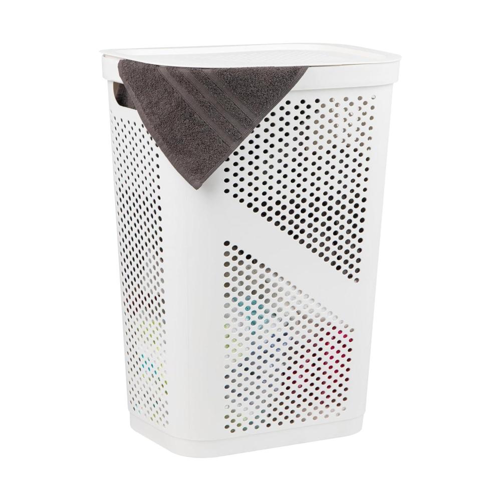 imageMind Reader Slim Laundry Hamper with Lid 60L Clothes Basket Ventilated Plastic NavyWhite
