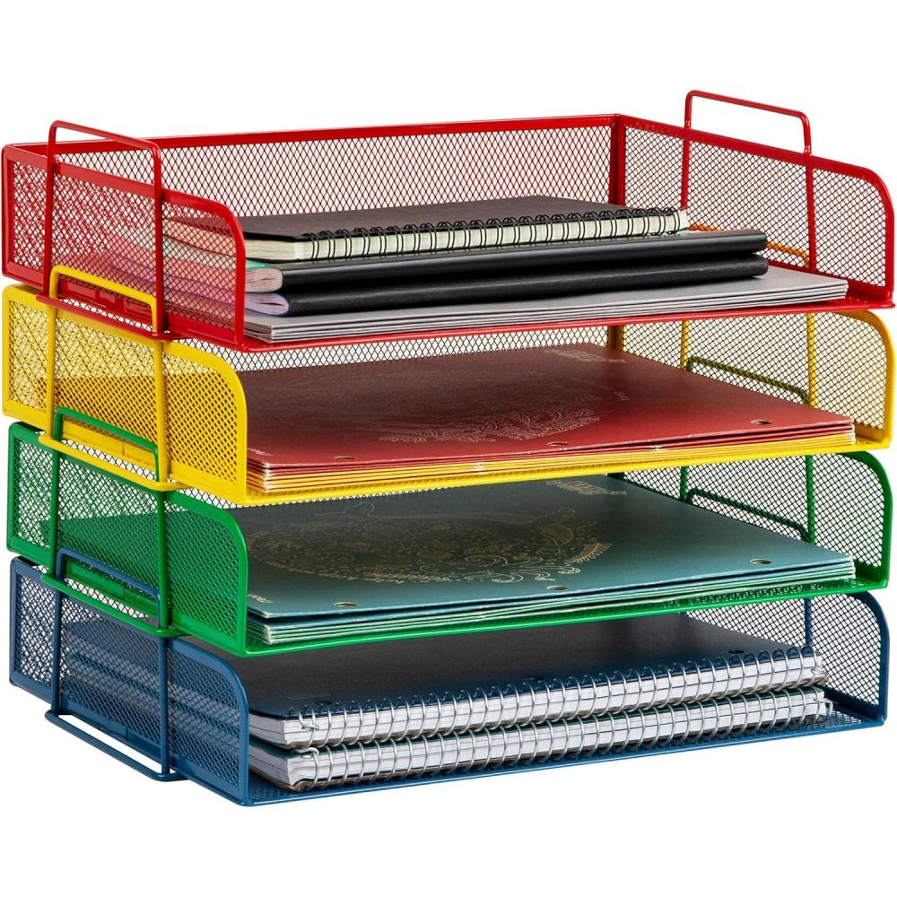 imageMind Reader Stackable Paper Tray Desktop Organizer File Storage Office Metal Mesh 4 Pcs SilverAssorted Colors